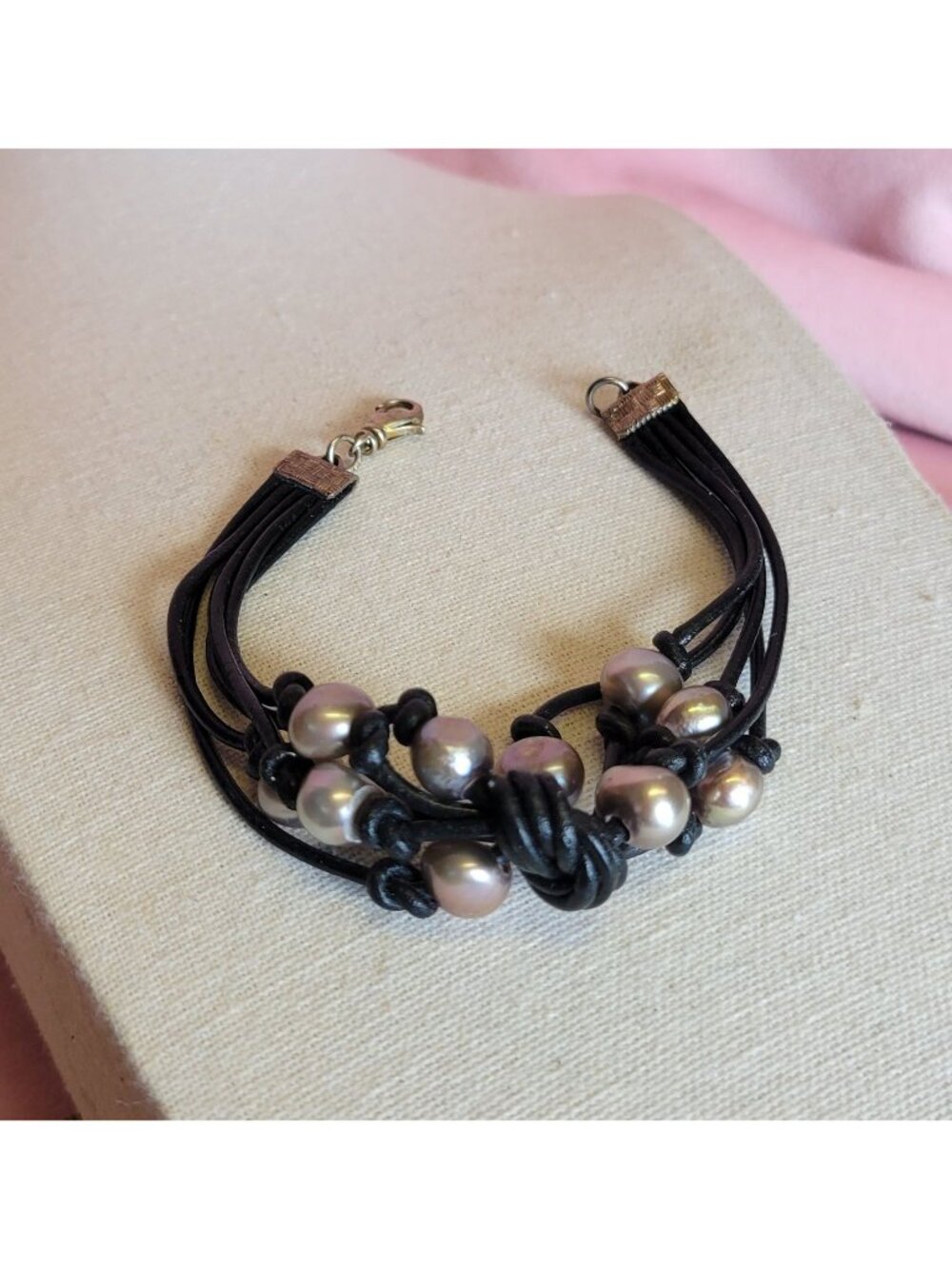 Genuine Baroque Pearl Layered Black Cord Knotted Beaded Bracelet B1A